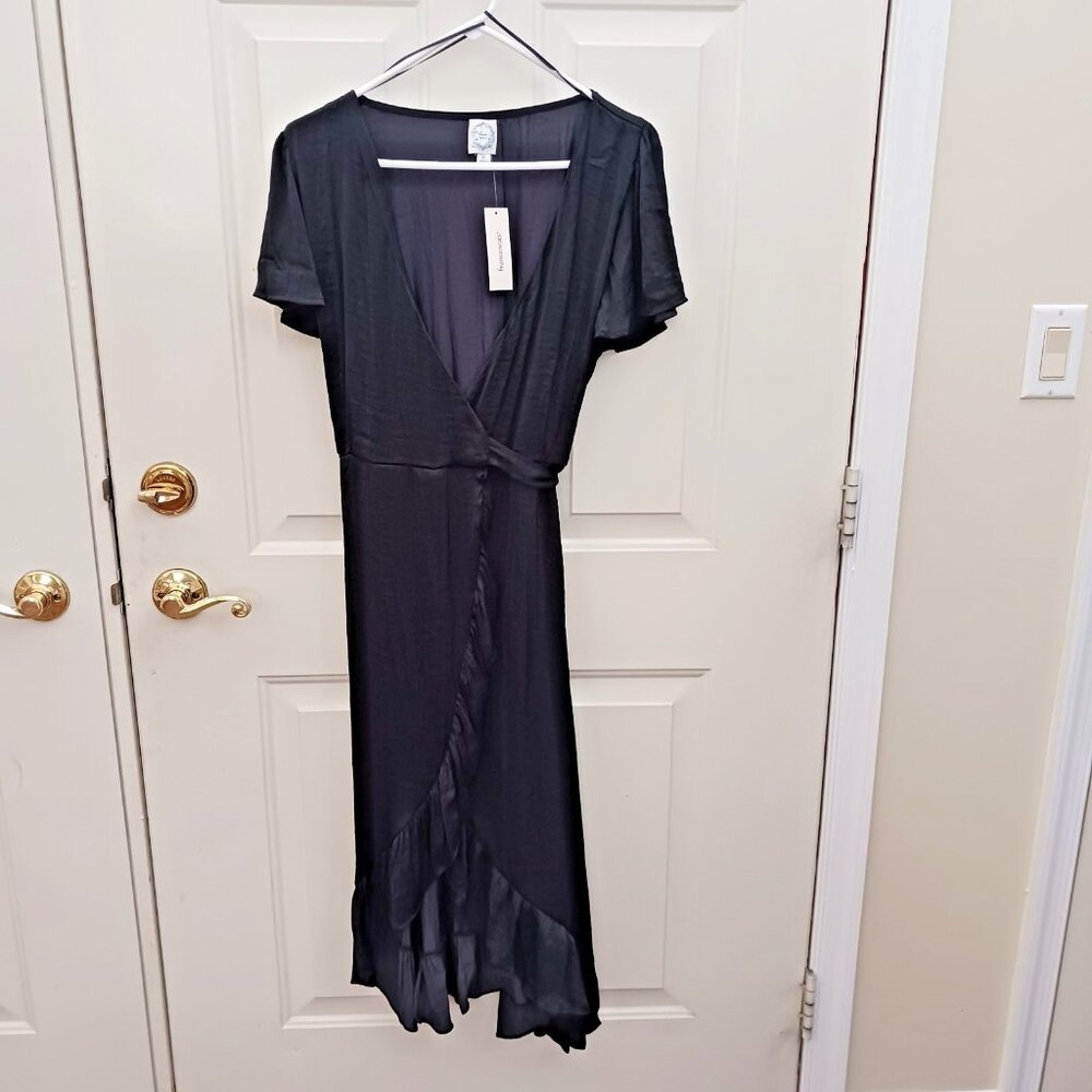Blue Rain Black Wrap Dress Midi Women's‎ XL Ruffle Short Sleeve Poly